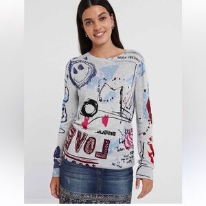 Desigual Arty Knit Jumper “Mar” Graphic Print Gray Sweater women XS Y2K retro